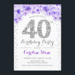Convite aniversário de 40 anos - Prata branca - Roxo<br><div class="desc">design Elegante Convite de festas aniversário de 40 anos em prata brilhante falso,  roxo e branco. Na moda floral com diamantes e rosas. Perfeito para uma comemoração de vidro. Envie-me uma mensagem se precisar de mais personalização.</div>