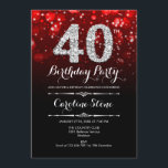 Convite aniversário de 40 anos - Prata Negra Vermelha<br><div class="desc">Convite para aniversário de 40 anos. Elegante design branco preto vermelho com prata brilhante. Aniversário adulto. Apresenta diamantes e fontes de script. Homens ou mulheres convidam no dia. Perfeito para uma festa de aniversário na moda. Envie-me uma mensagem se precisar de mais personalização.</div>