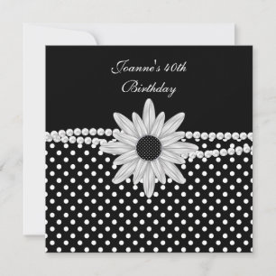 Convite Aniversário de 40 anos Preto Branco Pérola Flor Po