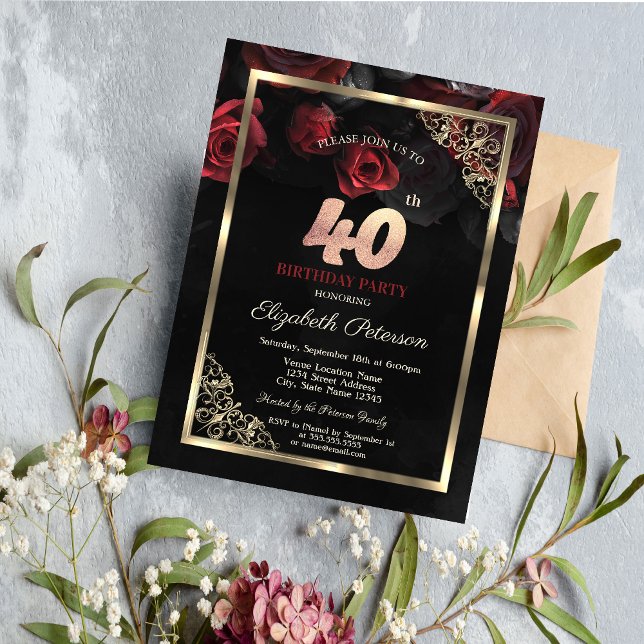 Convite Aniversário de 40 anos Preto de Quadro do Rosa ver (Criador carregado)