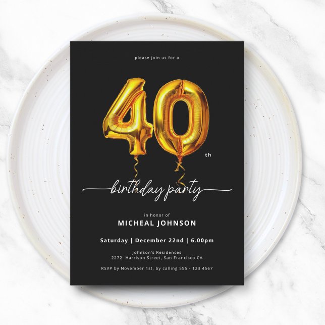 Convite aniversário de 40 anos preto Dourado (Gold Balloon Black 40th Birthday Invitation)