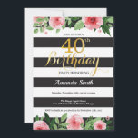 Convite aniversário de 40 anos. Preto Dourado Floral<br><div class="desc">Convite de aniversário de 40 anos para mulheres. Convidar Festa de aniversário preto e Dourado. Dourada Glitter. Flor Floral Cor de Água Rosa. Black and White Stripes. Digital Imprimível. Para mais personalização,  clique no botão "Personalizar" e use nossa ferramenta de design para modificar este modelo.</div>