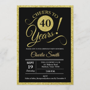 Convite aniversário de 40 anos - Preto Dourado QUALQUER ID