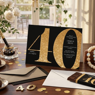Convite Aniversário de 40 anos preto e dourado minimalista