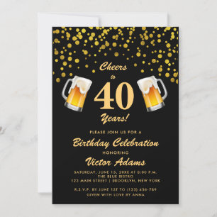 Convite Aniversário de 40 anos preto e Dourado Queijos e