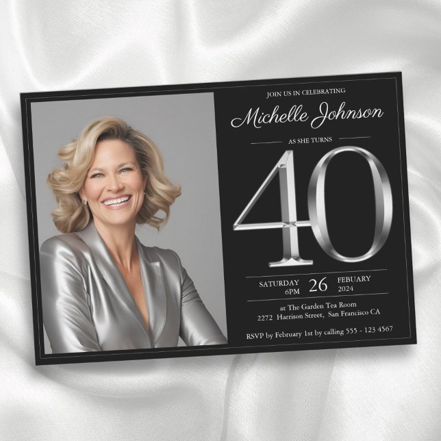 Convite Aniversário de 40 anos preto e prateado (Black and Silver 40th Birthday Invitation)