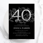 Convite Aniversário de 40 anos preto Elegante prata<br><div class="desc">Elegante convite de festas aniversário de 40 anos preto prateado. Design feminina moderna personalizável, com sotaques botânicos rosas e prata brilhante fraca. Simples cartão de convite floral perfeito para uma comemoração de um na moda. Personalize com seus próprios detalhes. Impressos convites Zazzle ou modelo de impressão digital instantânea para download....</div>