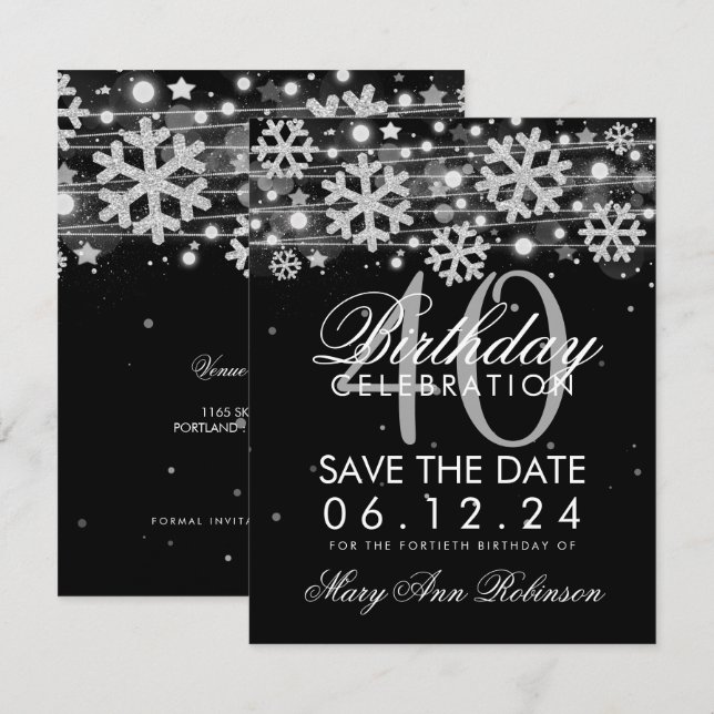 Convite Aniversário de 40 anos preto prateado - data de sa (Frente/Verso)