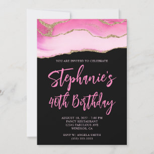Convite Aniversário de 40 anos preto rosa e Dourado