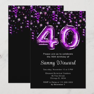 Convite aniversário de 40 anos Purple Balloons Snowflati C