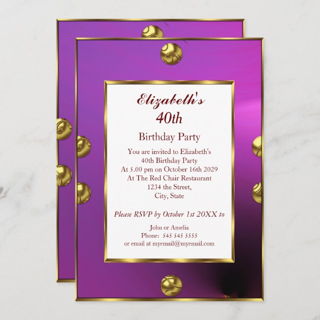 Convite aniversário de 40 anos Purple Dourado (Frente/Verso)