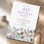 Convite aniversário de 40 anos Purple Floral Botânica<br><div class="desc">aniversário de 40 anos convite de festas com flor floral roxa. Fácil de mudar o texto. Bonito aquarela botânica.</div>