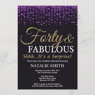 Convite Aniversário de 40 anos púrpura e brilhante Dourado