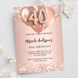 Convite aniversário de 40 anos rosa de balões de ouro luxo