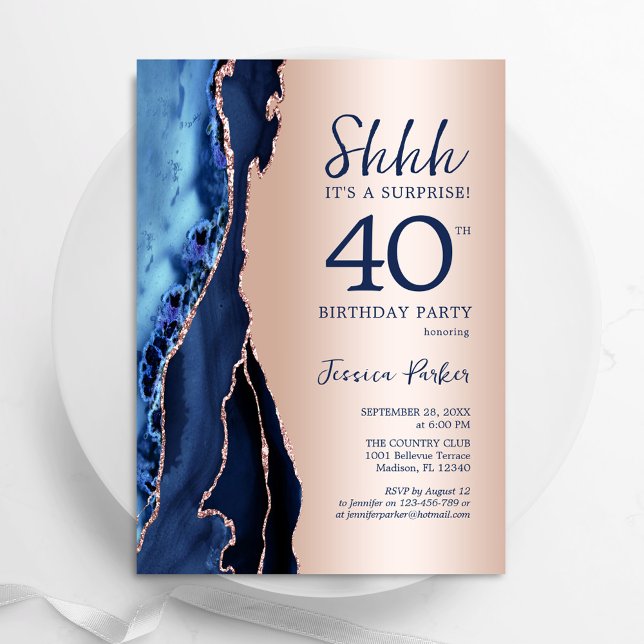 Convite aniversário de 40 anos rosa Dourada Blue Agate Sur (Criador carregado)