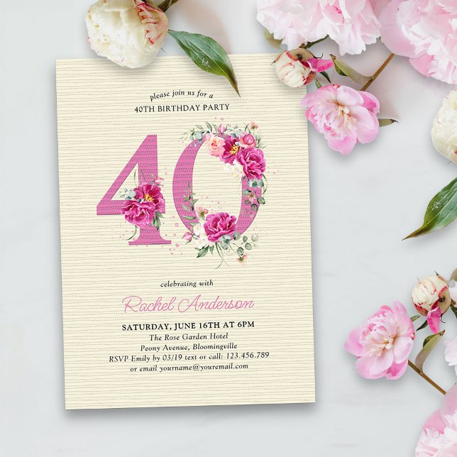 Convite aniversário de 40 anos Rosa Peony Floral Número 40 (40th Birthday Invitation with pink floral number 40 - elegant vintage design with roses and peonies)