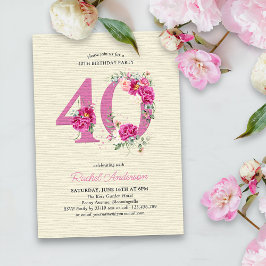 Convite aniversário de 40 anos Rosa Peony Floral Número 40