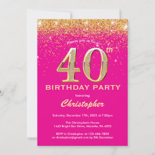 Convite aniversário de 40 anos, Rosa Quente e Glitter Dour