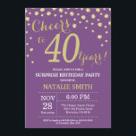 Convite Aniversário de 40 anos Roxo e Diamante Dourado<br><div class="desc">Surpreenda o aniversário de 40 anos Invitation com fundo de diamante de brilho roxo e Dourado. Dourada Confetti. Aniversário Adulto. Homens ou Mulheres Aniversário. Para mais personalização,  clique no botão "Personalizar" e use nossa ferramenta de design para modificar este modelo.</div>