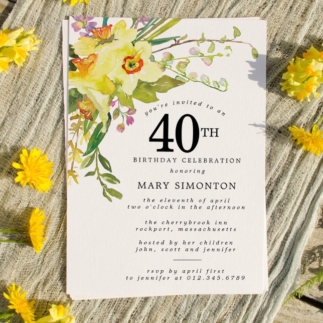 Convite Aniversário de 40 anos Rustic Boho Yellow Daffodil (Criador carregado)