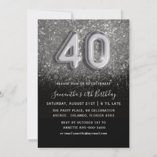 Convite aniversário de 40 anos Silver e Black Glitter Part