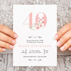 Convite Aniversário de 40 anos Simples Rosa e Branco Flora