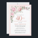 Convite aniversário de 40 anos Surpresa do Partido Rosa Ro<br><div class="desc">Honre uma mulher especial com este convite de festas aniversário de 40 anos de surpresa elegante e feminina. O 40º está escrito em texto rosa grande. O Partido da Surpresa de Aniversário segue. O nome do convidado também está em letras cor-de-rosa. As rosas cor-de-rosa pinceladas e as folhas verdes salgadas...</div>
