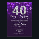 Convite Aniversário de 40 anos Surpresa - Prata Roxa<br><div class="desc">Convite para aniversário de 40 anos surpresa. Design púrpura elegante com prata brilhante. Aniversário adulto. Apresenta diamantes,  luzes de boque e fontes de script. Homens ou mulheres convidam no dia. Perfeito para uma festa de aniversário na moda. Envie-me uma mensagem se precisar de mais personalização.</div>