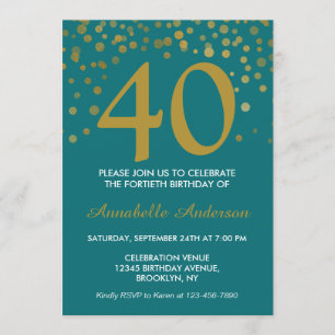 Convite aniversário de 40 anos Teal Aqua Dourado Modern Co
