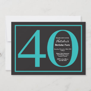 Convite aniversário de 40 anos Teal e Quadro Preto