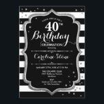 Convite aniversário de 40 anos - Tiras brancas pretas prat<br><div class="desc">Convite para aniversário de 40 anos. Design preto elegante com falso prata. Listras pretas e brancas com diamantes brilhantes confetti. Perfeito para uma bolsa mensageifesta de aniversario elegante.</div>