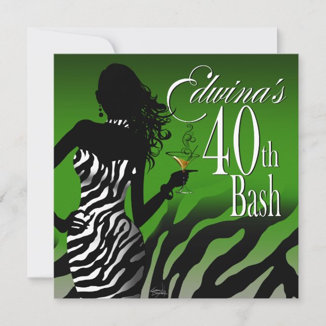 Convite aniversário de 40 anos Verde da Bomba Zebra Edwina (Frente)