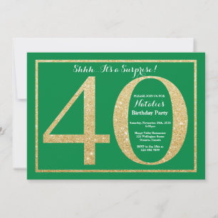 Convite aniversário de 40 anos verde e brilho Dourado sur