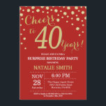 Convite Aniversário de 40 anos vermelho e Diamante Dourado<br><div class="desc">Surpreenda o aniversário de 40 anos Invitation com fundo de diamante vermelho e Dourado. Dourada Confetti. Aniversário Adulto. Homens ou Mulheres Aniversário. Para mais personalização,  clique no botão "Personalizar" e use nossa ferramenta de design para modificar este modelo.</div>