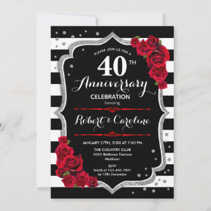 Convite Aniversário de 40 anos - Vermelho Rubi Prata Preto