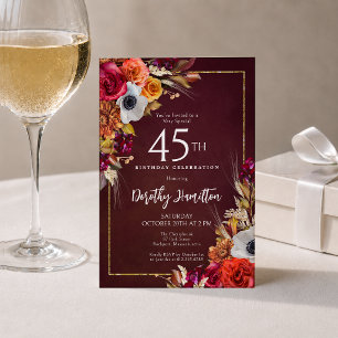Convite Aniversário de 45 anos Burgundy Flores de Outono S