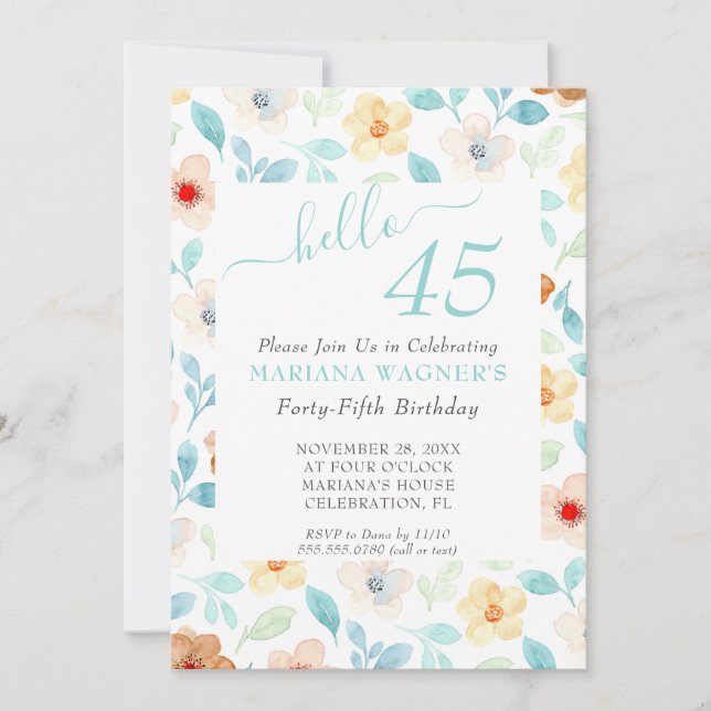 Convite Aniversário de 45 anos em Script Elegante Floral A (Frente)