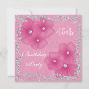 Convite Aniversário de 45 anos Pink Damask & Flores