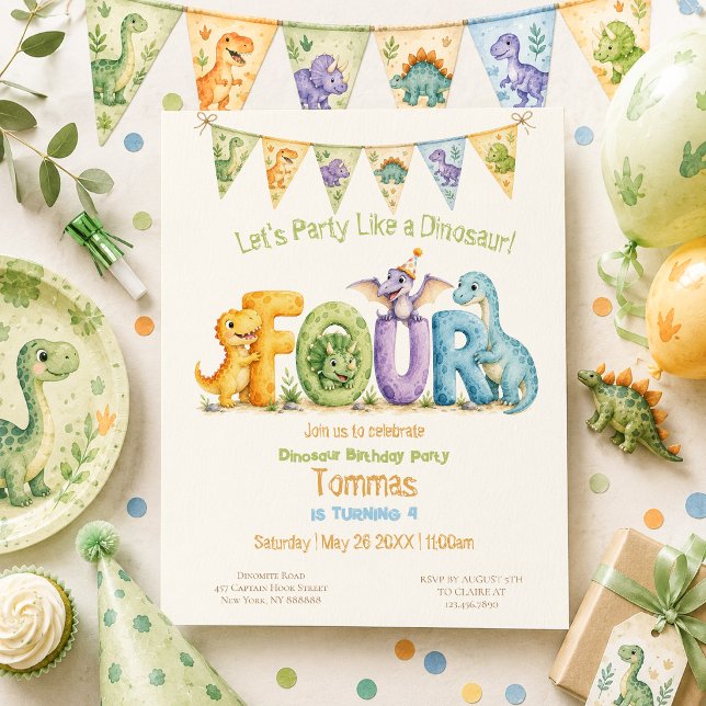 Convite Aniversário de 4 anos com tema de dinossauro fofo (Criador carregado)