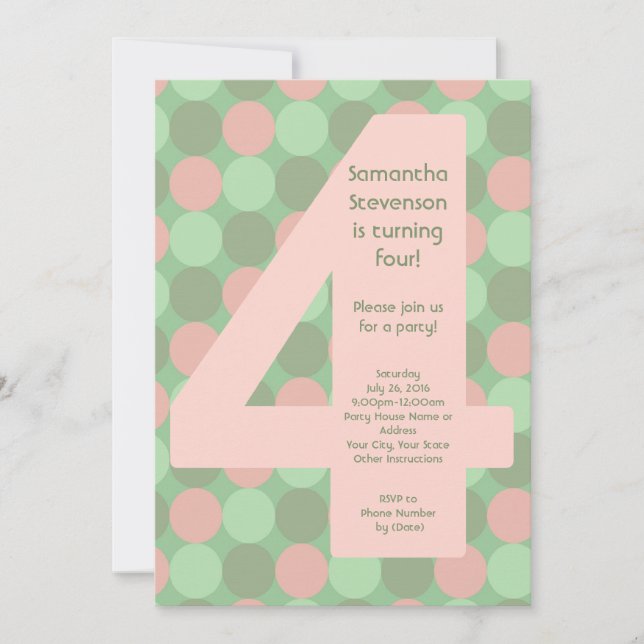 Convite Aniversário de 4 anos da menina do número grande (Frente)