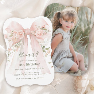 Convite Aniversário de 4 anos da menina laço floral rosa e