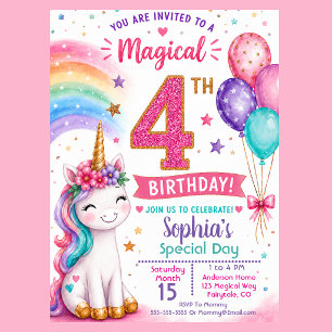 Convite Aniversário de 4 anos da Menina Unicórnio Mágico