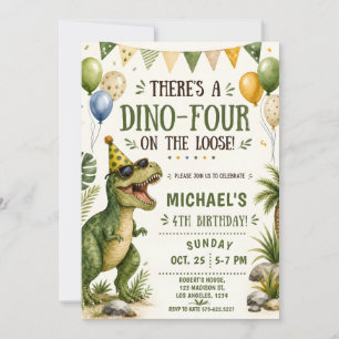 Convite Aniversário de 4 anos do Dinossauro Engraçado - An