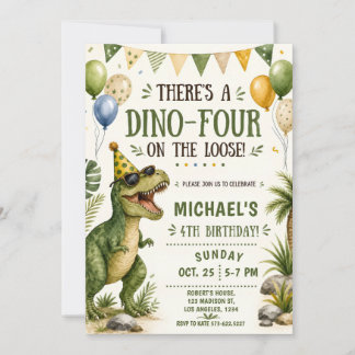Convite Aniversário de 4 anos do Dinossauro Engraçado - An