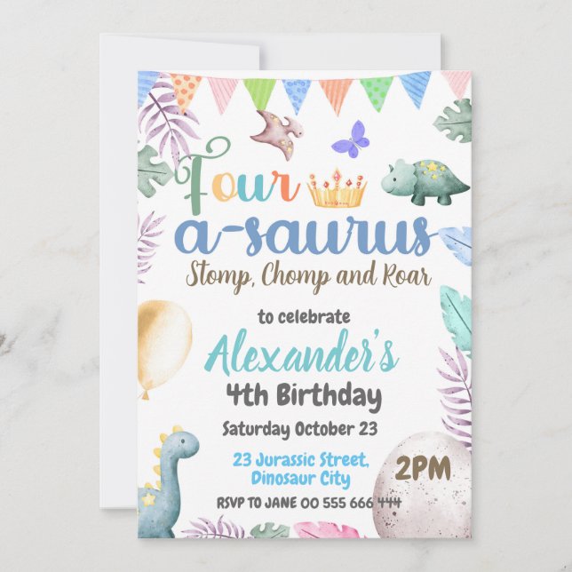 Convite Aniversário de 4 anos do Dinossauro - Festa do Qua (Frente)