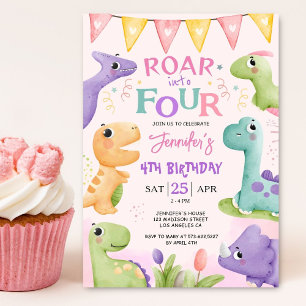 Convite Aniversário de 4 anos do Dinossauro Rosa Fofo Rugi