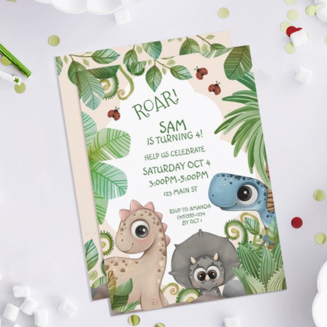 Convite Aniversário de 4 anos dos Dinossauros Kids (Dinosaur Birthday Party Invitations)