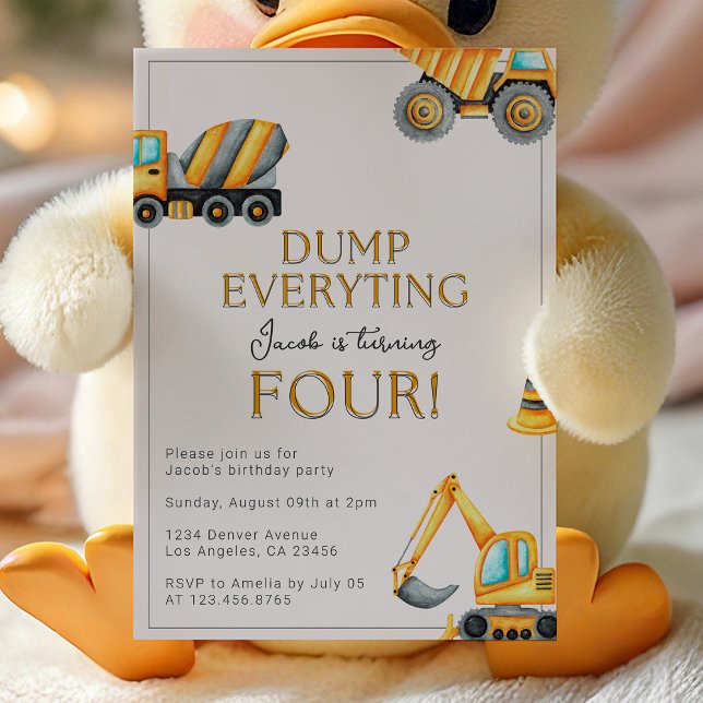 Convite Aniversário de 4 anos Dump Everything Construção (Criador carregado)