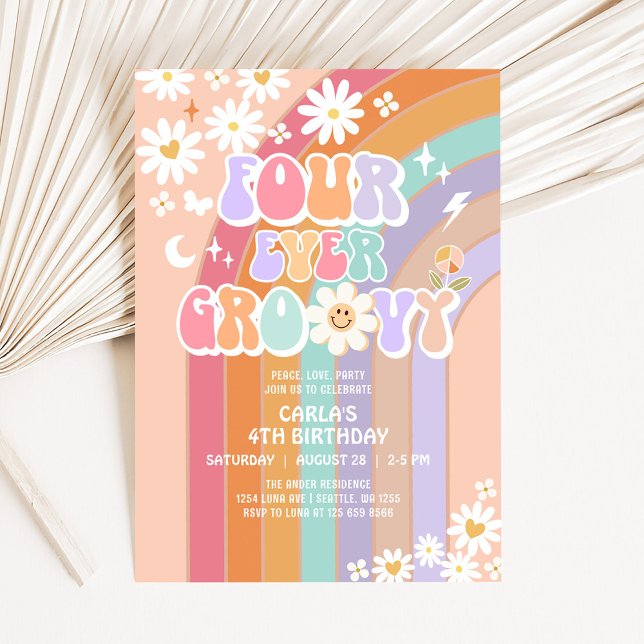 Convite Aniversário de 4 anos FOUR Ever Groovy Daisy Rainb (Criador carregado)