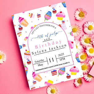 Convite Aniversário de 4 de julho  cupcake rosa com bandei